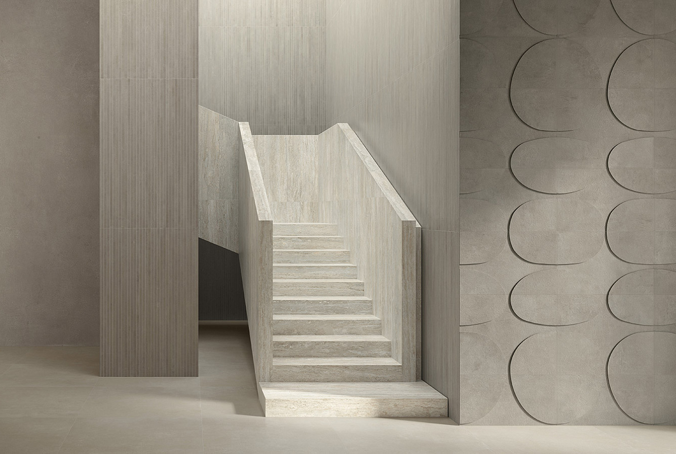 I CEMENTI FLAX / TAUPE DECORO LITO 3D / TAUPE LISTELLO TRATTO / I TRAVERTINI GRIGIO VEIN CUT
