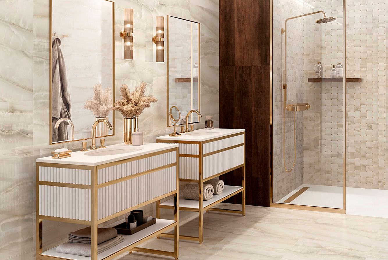 FLOOR: AKOYA AVORY / WALL: AKOYA IVORY KRYSAL / MAXI RETE IVORY KRYSTAL